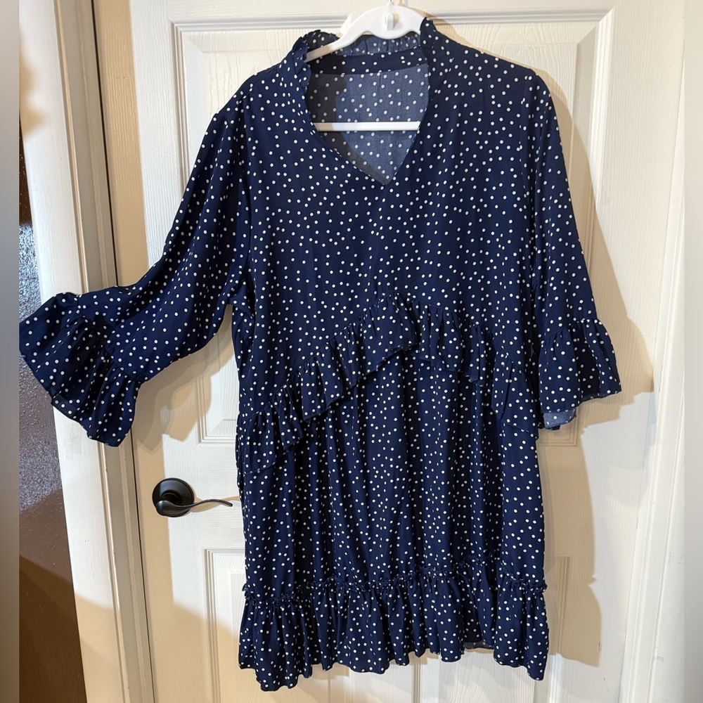 Navy Polka Dot Ruffle Dress with Pockets